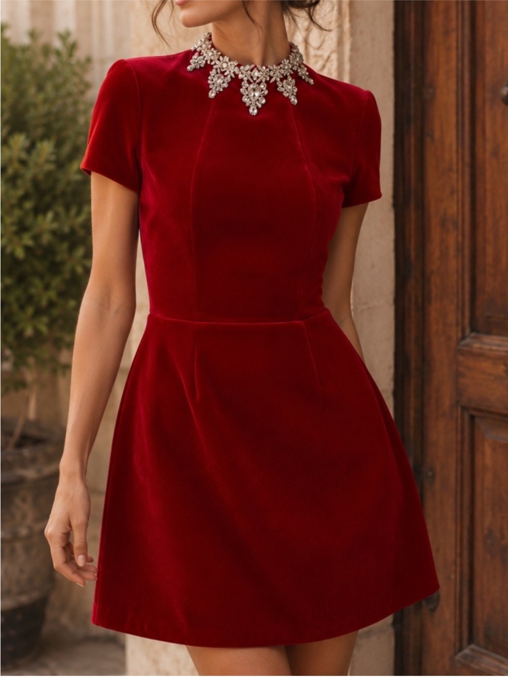 Nadine Merabi Regan Embellished Dress Red Velvet Simone